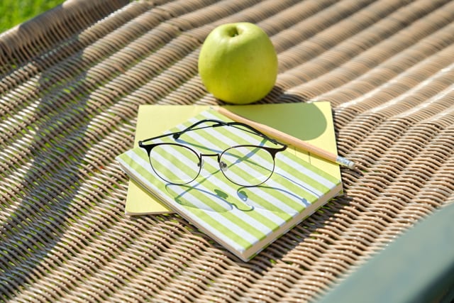 apple-book-pencil-glasses-notebook-on-garden-chair
